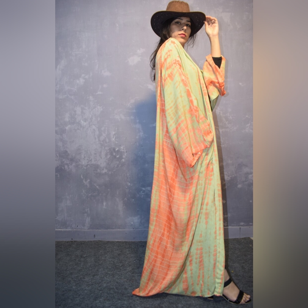 Pistachio & Orange Color Robe Dress Swim Cover Up Summer Kimono